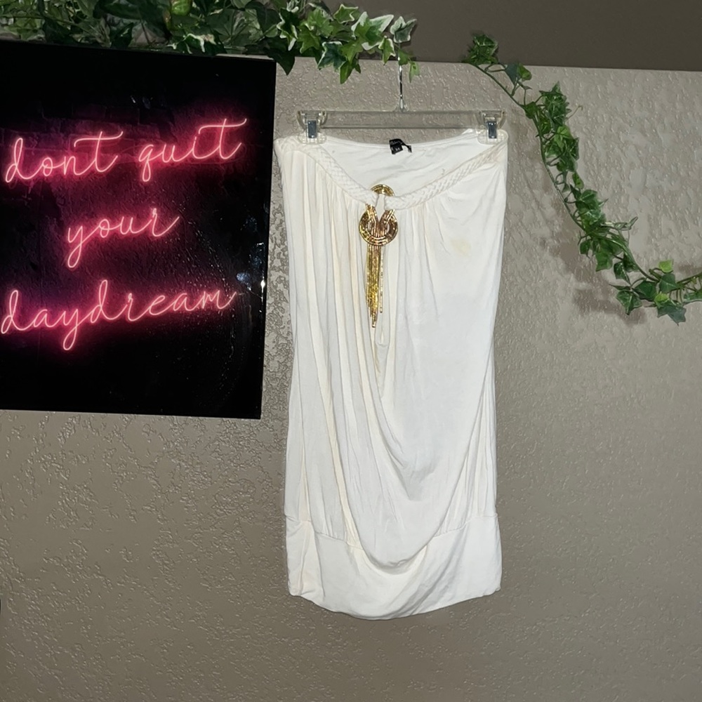 Sky White Draped Tube Top with Gold Accent